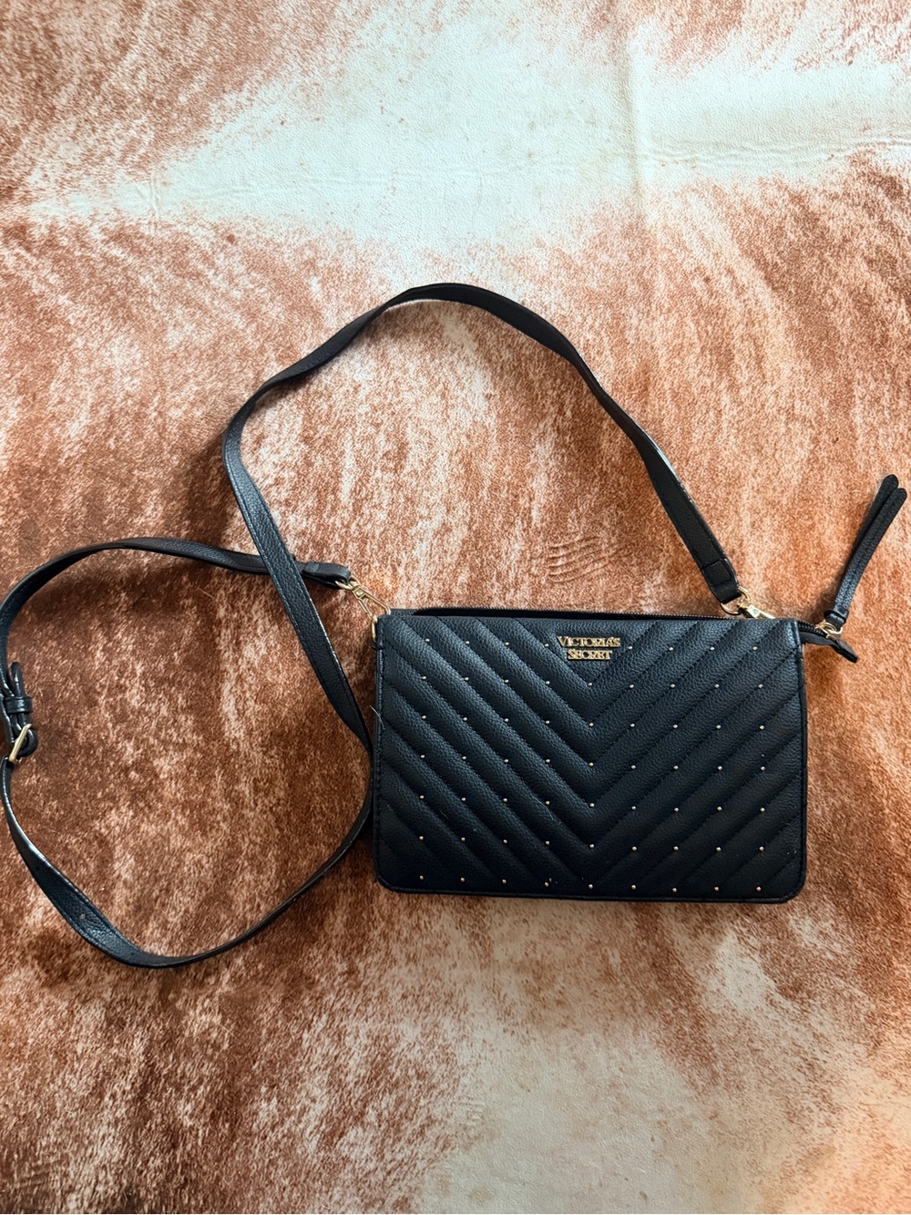 Victoria's Secret Black Quilted Chevron Crossbody with Stud Accents